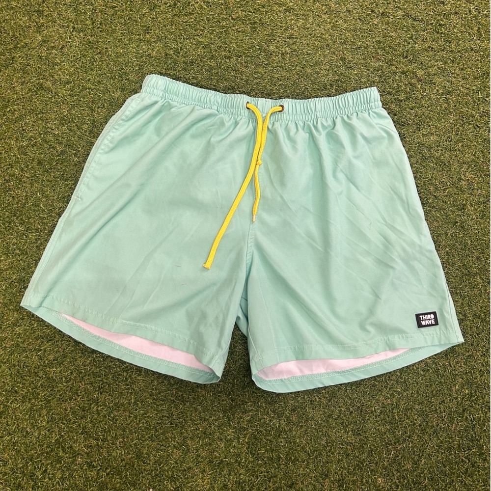 Third Wave Mens Mint Green Swim Trunks Size XL Yellow Drawstring Zipper Pocket
